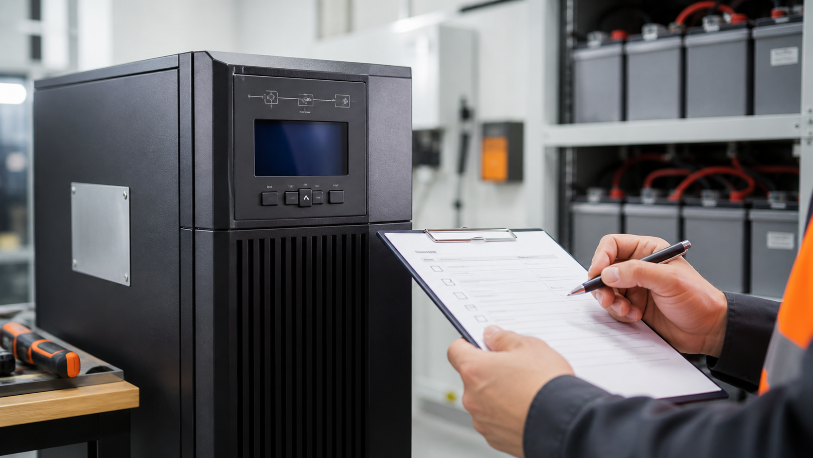 Técnico revisando datos de una UPS para cotizar reemplazo de baterías