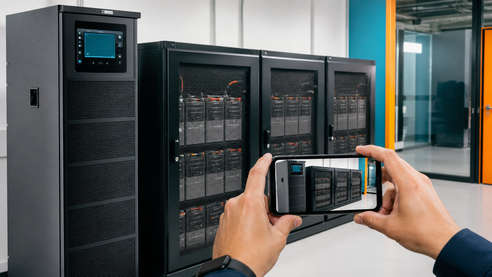 Fotografia de una UPS y gabinetes de baterías para identificar el reemplazo