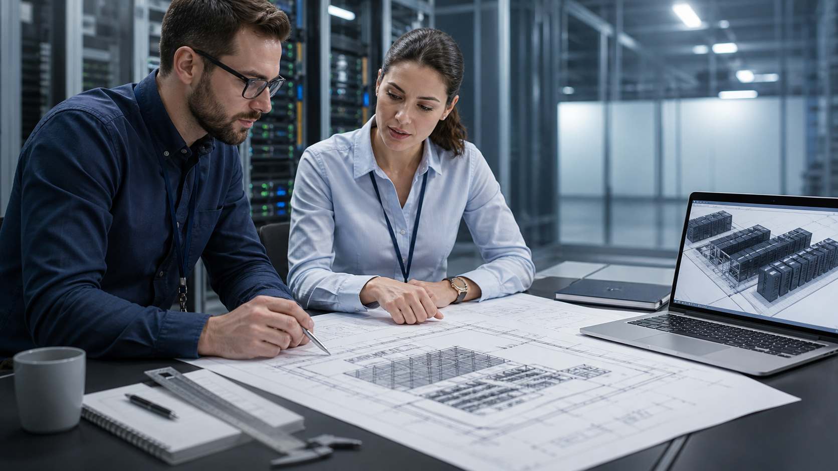 Equipo técnico revisando planos e ingeniería de datacenter
