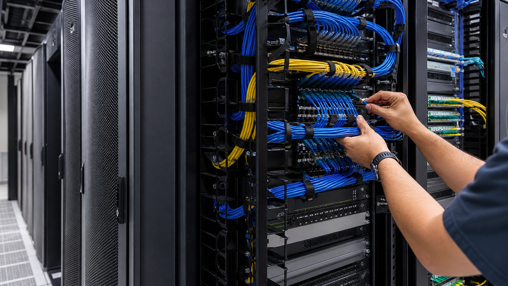 Racks de datacenter con cableado estructurado y fibra óptica