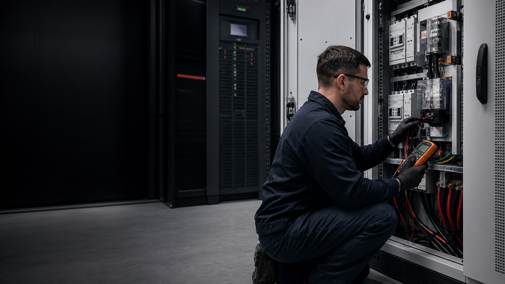 Técnico revisando una instalación UPS en sitio