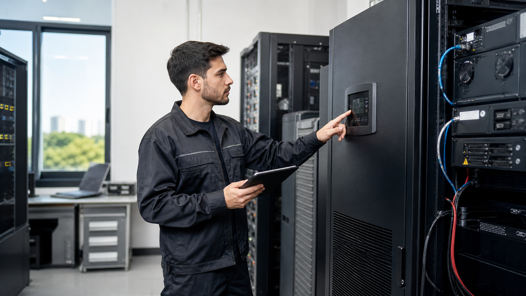 Técnico realizando mantenimiento preventivo de UPS durante horario laboral