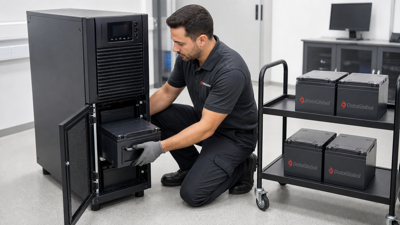 Tecnico de DataGlobal instalando un modulo de baterias en una UPS