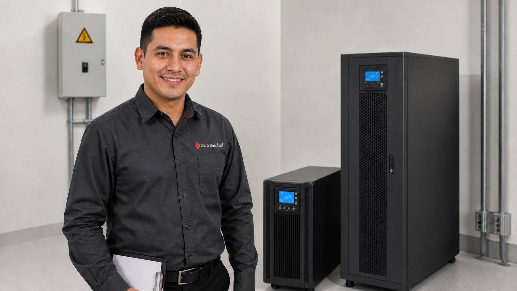 Tecnico de DataGlobal satisfecho luego de revisar dos equipos UPS