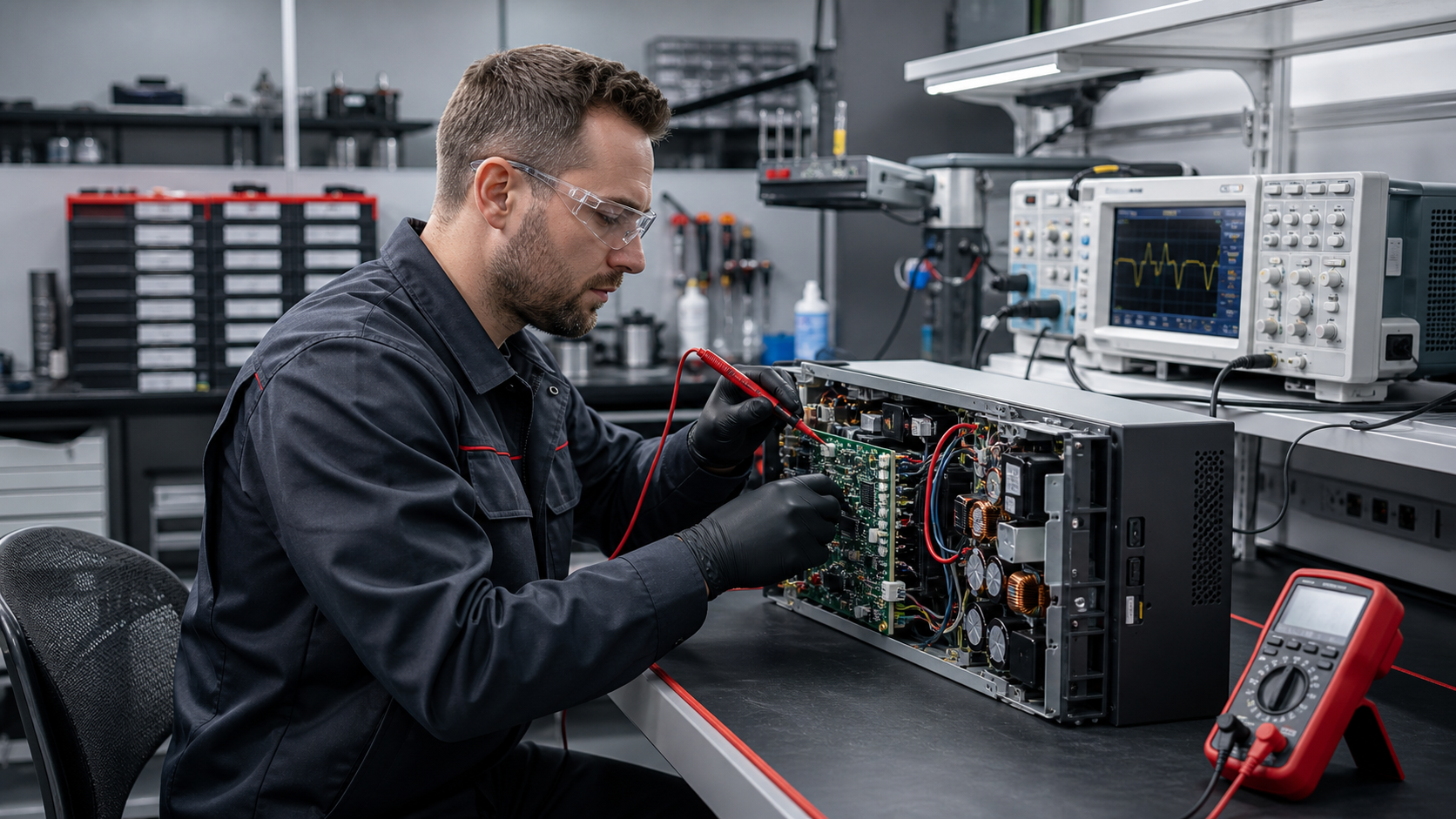 Tecnico reparando una UPS en un laboratorio electronico